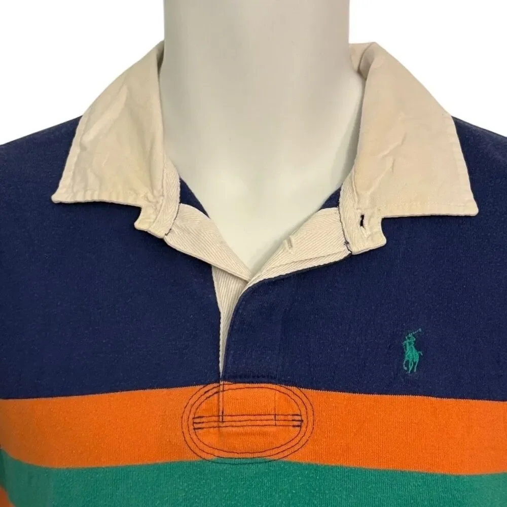 Ralph Lauren Navy Polo with Orange & Green Stripes and Cream Collar